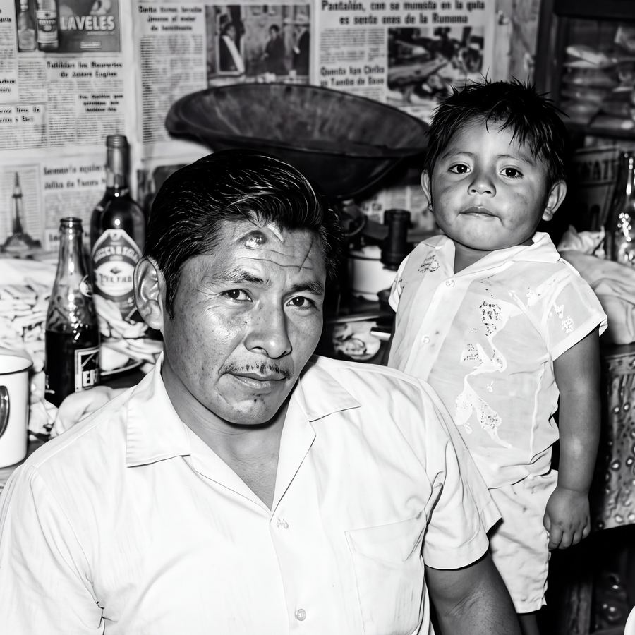 Fotografía histórica en blanco y negro de Don Manuel Sosa a los 30 años junto a su hijo Raúl Sosa, en Catacaos antiguo